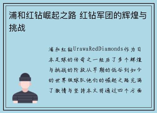 浦和红钻崛起之路 红钻军团的辉煌与挑战