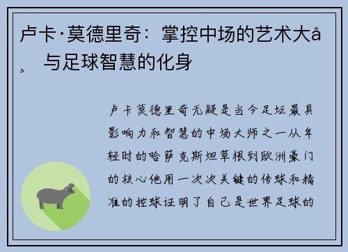 卢卡·莫德里奇：掌控中场的艺术大师与足球智慧的化身